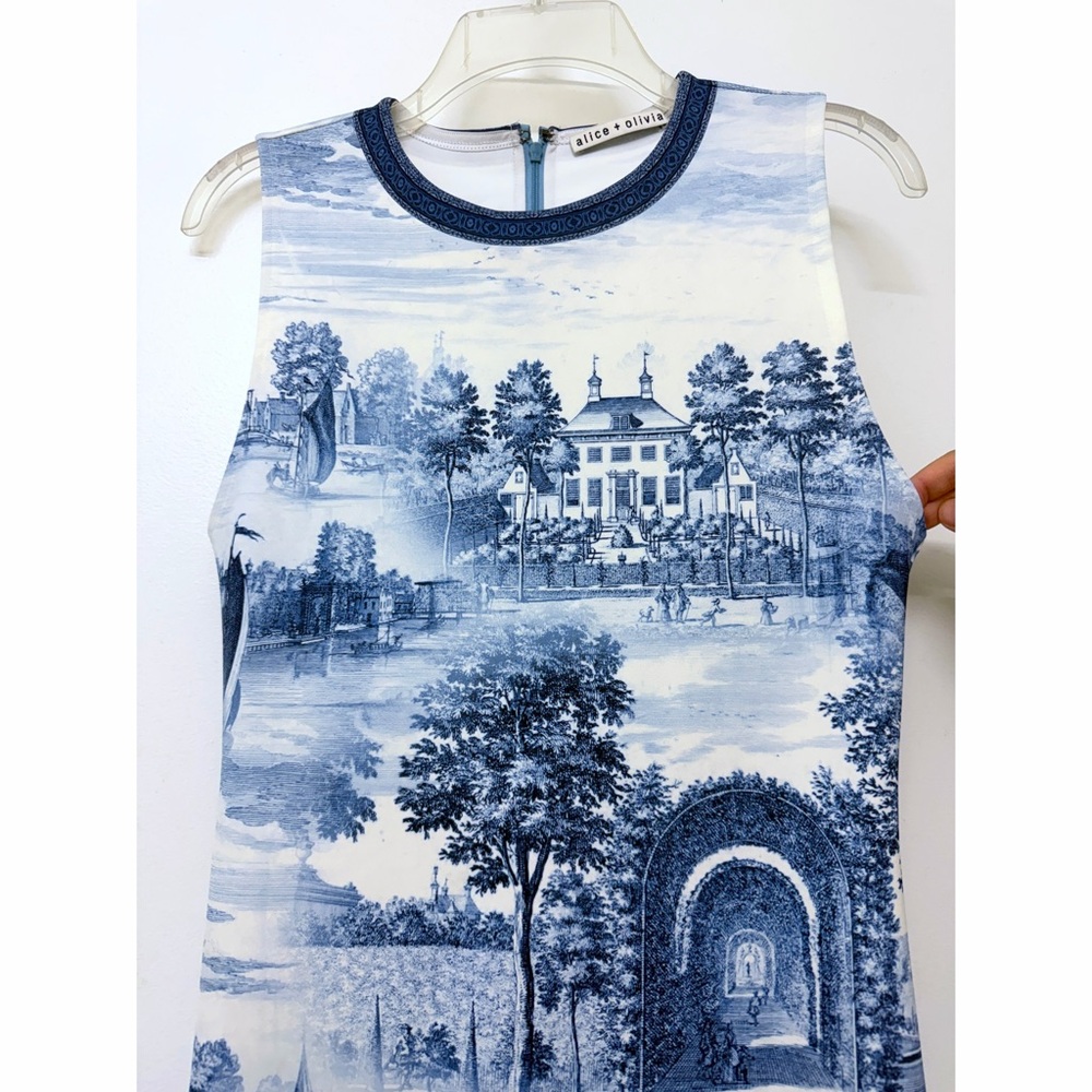 Alice + Olivia Wynell Chateau A Line Mini Dress Blue Toile De Jouy Floral 6 - Picture 5 of 16